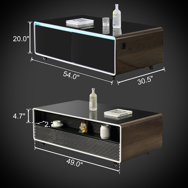 Hokku Designs Comaneci Smart Coffee Table with 135L Fridge, Bluetooth Speakers and Wireless ...